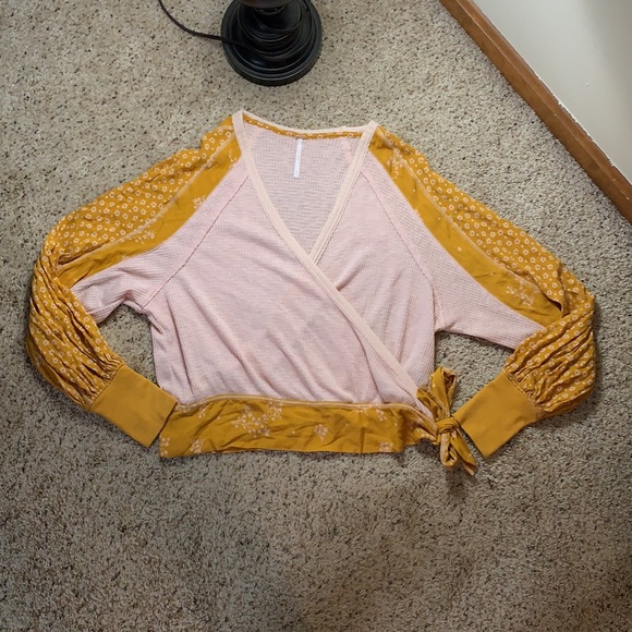 Free People Tops - Free People Auxton Pink & Mustard Yellow Floral Thermal Wrap Top- Size XS